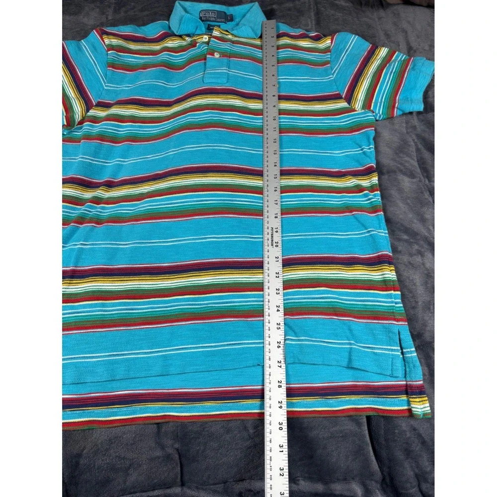 Polo Ralph Lauren Mens Large Turquoise Blue Multi Color Striped Polo Shirt L